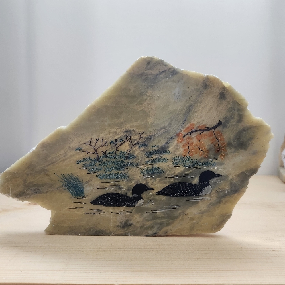 Loon art painted and etched in soapstone